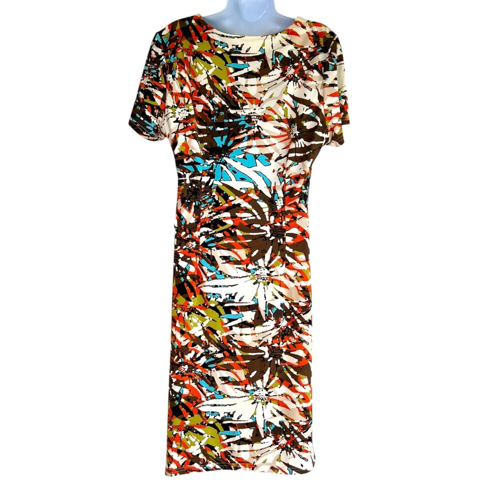 Bacci Floral Abstract Print Ruched Midi Dress Sz L Stretch Retro Chic - Picture 3 of 7